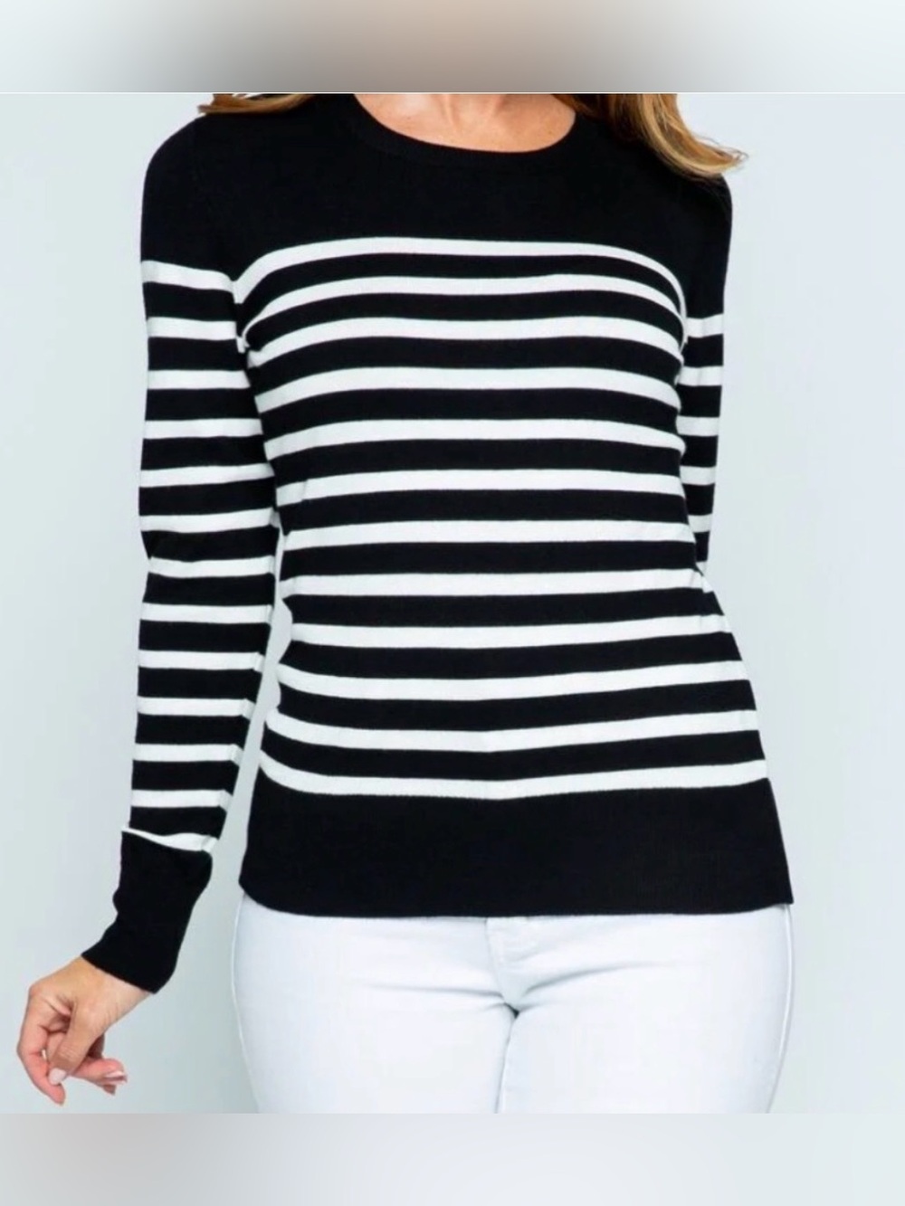 Cielo Unique Vintage Striped Knit Crew-Neck Spweater Top Black & White S
